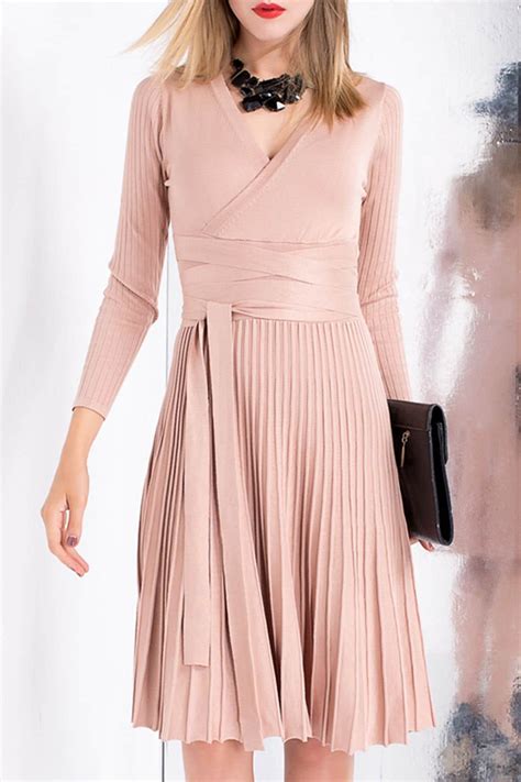 V Neck Pleated Knit Jersey Long Sleeve Dress Boho Dress Mini Dress Pleated Dress