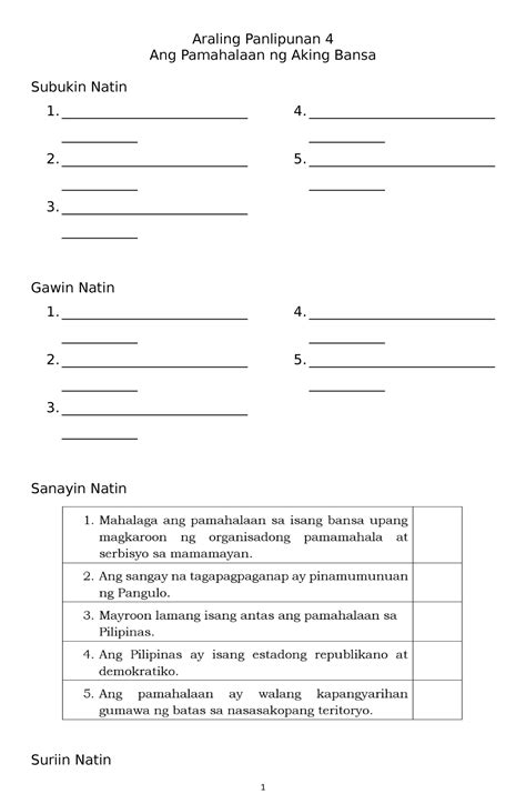 Answer Sheet Quarter Week Araling Panlipunan Ang Pamahalaan Ng