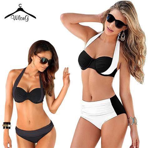 Sexy Halter Color Block High Waist Cotton Blend Women Two Piece Bikini