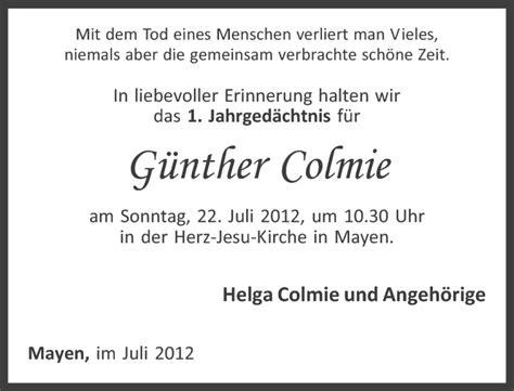 Traueranzeigen von Günther Colmie rz trauer de