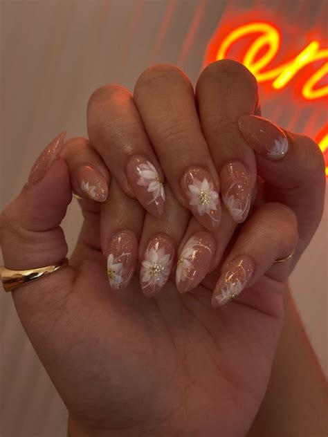 White Floral Nude And Gold Almond Nails Bridal Nails Almond Nails Nails