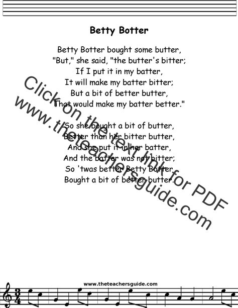 Betty Botter Lyrics, Printout, MIDI, and Video