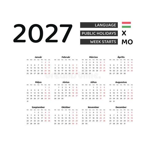 Calendar 2027 Hungarian Language With Hungary Public Holidays Stock