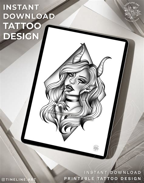 Tattoo Design Devil Lady Portrait Femininefineline Horns - Etsy