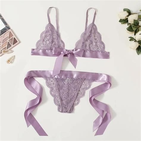 Femmes Soutien Gorge Sexy Underpant Festonné Garniture Cravate Côté Dentelle Ensemble Lingerie