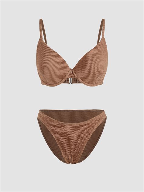 Solid Texture Triangle Underwire Bikini Set Cider