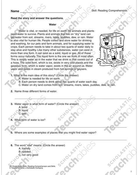 Water Reading Comprehension Passage With Questions Printable Texts