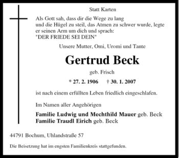 Traueranzeigen Von Gertrud Beck Trauer In Nrw De