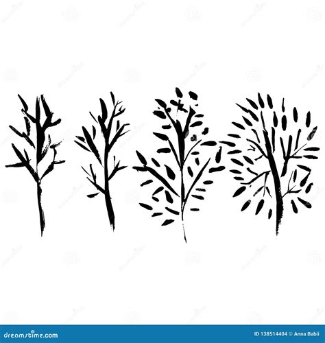 Naked Trees Silhouettes Hand Drawn Set Vector Illustration Stock Vector Illustration Of