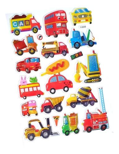 Cartela Stickers Adesivos Alto Relevo C Glitter Transportes