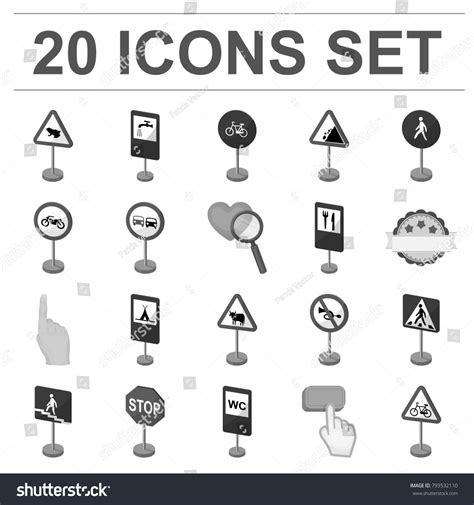 Different Types Road Signs Monochrome Icons Stock Vector Royalty Free