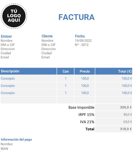 Plantilla De Factura Con IVA E IRPF Descarga GRATIS