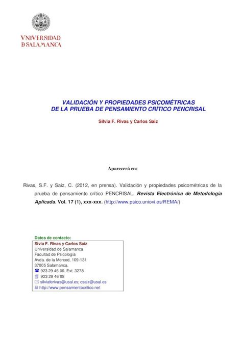 Pdf ValidaciÓn Y Propiedades PsicomÉtricas De La Prueba · Esta