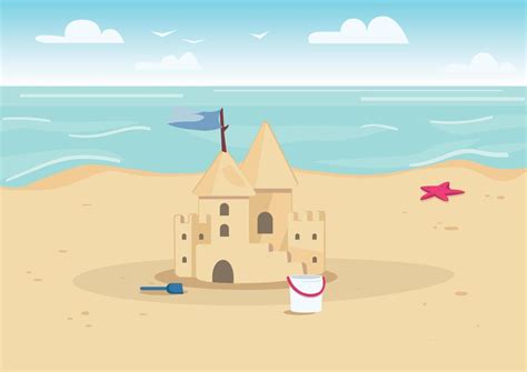 Sandcastle On Beach Flat Color Vector Illustration Summer Vacation