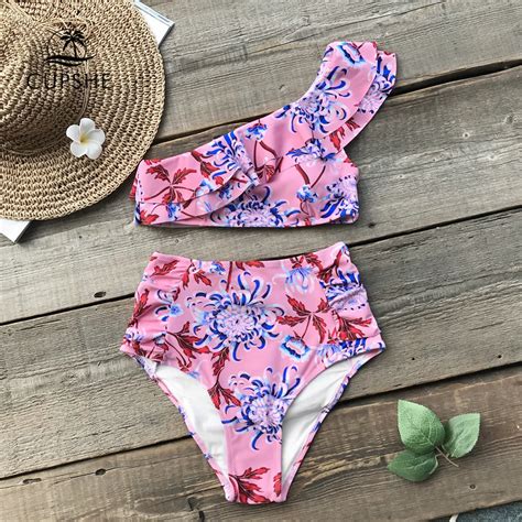 Cupshe Pink Flora Print One Shoulder Ruffle Bikini Set Women High Waist