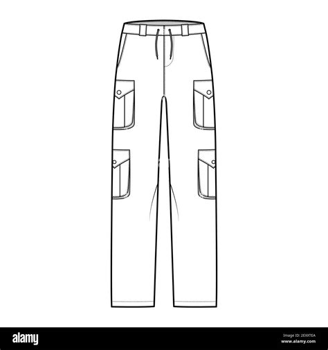 Set Of Cargo Pants Technical Fashion Illustration With Low Waist Rise Pockets Belt Loops