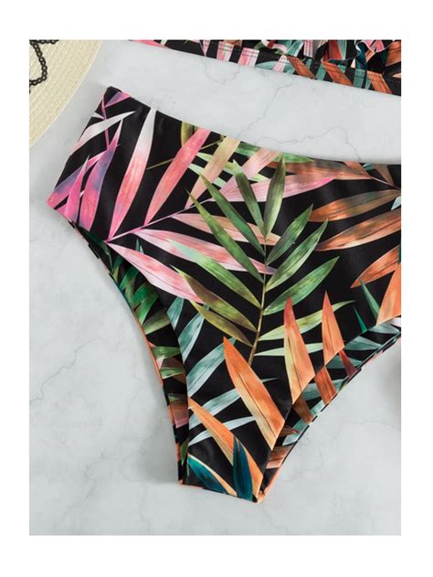 Bañador bikini con patrón de hoja fruncido de cuello V