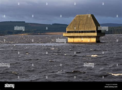 Kielder Water reservoir and dam with close view of valve tower Stock Photo - Alamy