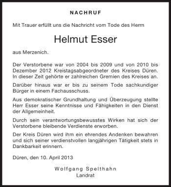 Traueranzeigen Von Helmut Esser Aachen Gedenkt