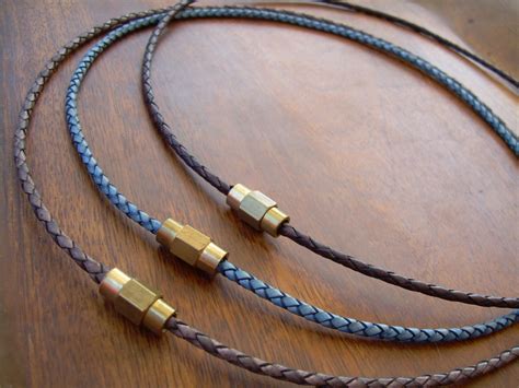 Thin Braided Leather Necklace With Brass Magnetic Clasp Mens Leather