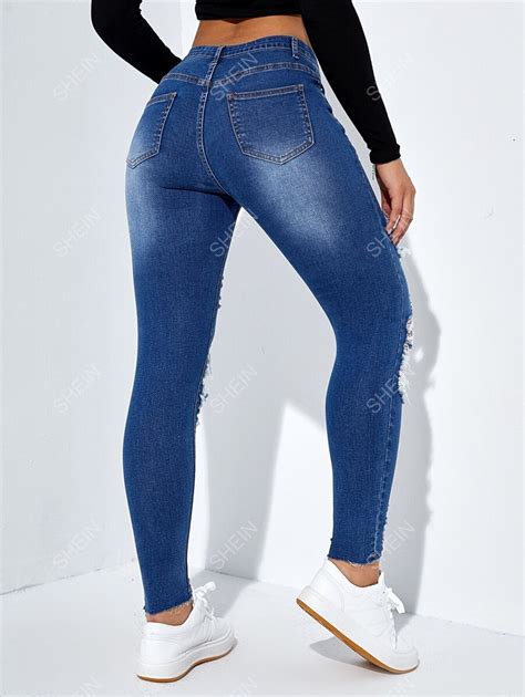 Shein Icon Jeans Ajustados Con Abertura Desgarro Bajo Crudo Moda De