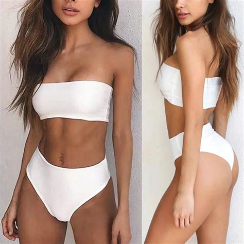 2019 Sexy White Bandeau Bikini High Waist Swimsuit Strapless Bathing