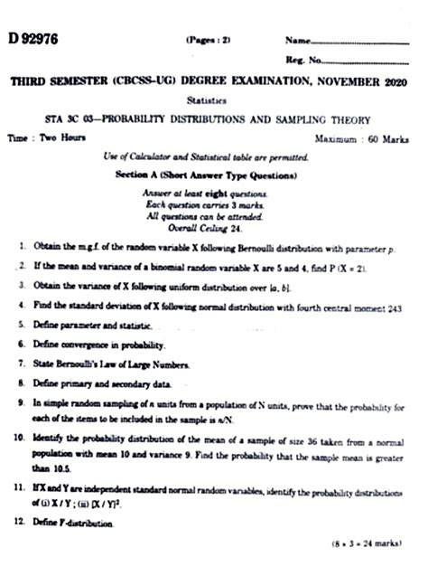 Stati Rd Sem Qpaper Calicut University Bsc Mathematics Rd Semester