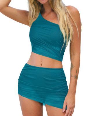 Cupshe Women S One Shoulder Ruched Mesh Mid Rise Skirt Bottom Bikini Sets Macy S