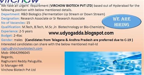 UDYOG ADDA VIRCHOW BIOTECH PVT LTD Urgent Requirement For R D