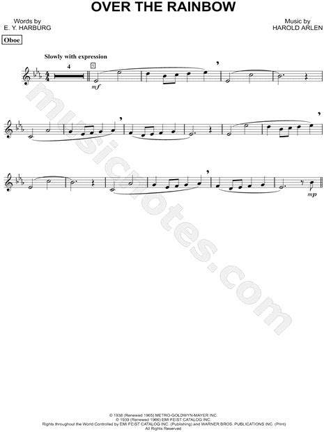 Over The Rainbow Oboe From The Wizard Of Oz Sheet Music Oboe