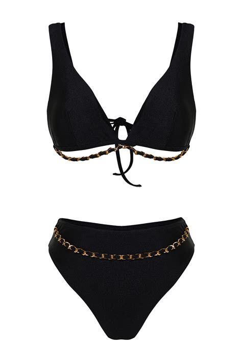 Trendyolmilla Siyah Üçgen Zincir Aksesuarlı Yüksek Bel High Leg Regular Bikini Takımı