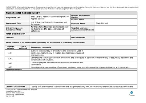 A Btec Assessment Record Template Declaration An Electronic Platform Or Incorporate A Learner