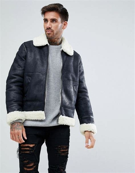 Asos Design Faux Shearling Jacket In Black Asos Mens Shearling Jacket Mens Tops Fashion