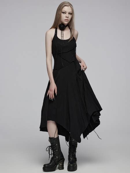 Punk Rave Black Gothic Daily Irregular Patchwork Halter Slip Long Dress