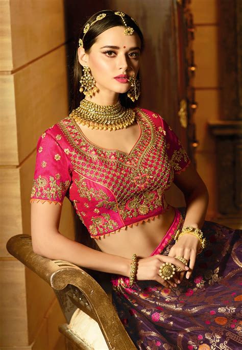 Buy Navy Blue And Pink Banarasi Silk Indian Wedding Lehenga In UK USA