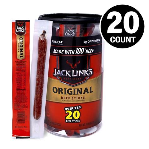 Jack Link S Big Beef Sticks 0 92 Oz 20 Count Rich Smoked Hickory Flavor 6g Protein Per