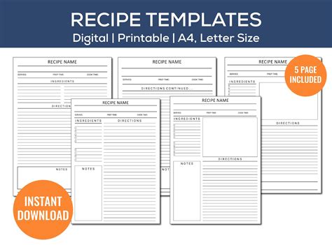 Recipe Template Printable Recipe Book Printable Recipe - Etsy