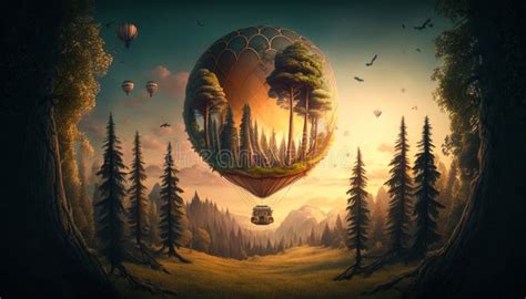 An Image Of Hot Air Balloon Flying Over Trees Generative AI Stock Illustration Illustration