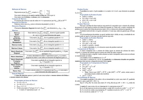 Álgebra Linear Folha de Consulta 1º Teste Definição de Matrizes