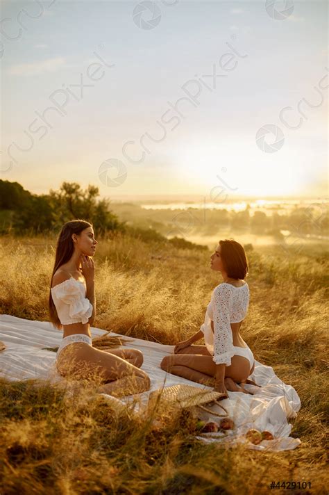 Two Sexy Women In Lingerie On Blanket In The Field Stock Photo Crushpixel