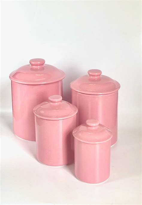 Pink Canister Set 4 Ceramic Solid Color Sherbet With Lids Dishwasher