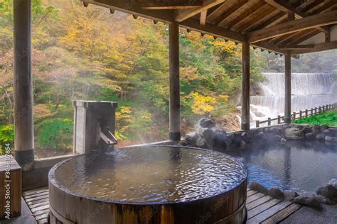 Japanese Hot Springs Onsen Natural Bath Surrounded By Red Yellow Leaves In Fall Leaves Fall In