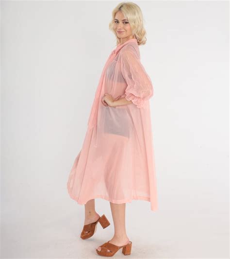 Sheer Pink Robe 70s Lingerie Robe Embroidered Open Ti Gem