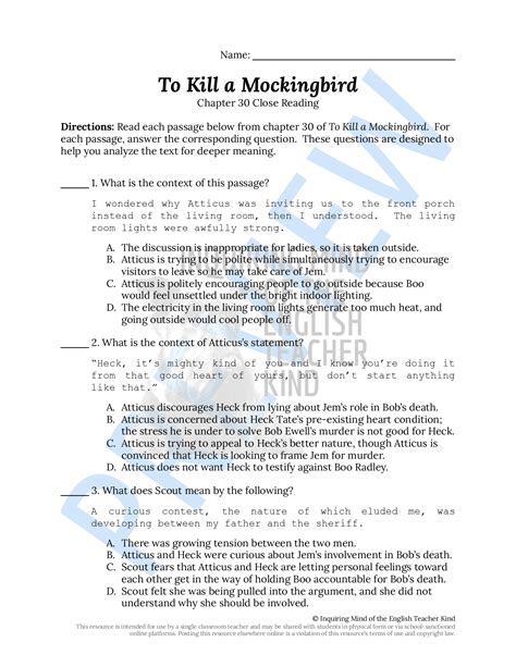 To Kill a Mockingbird Chapter 30 Close Reading Worksheet | Made By Teachers