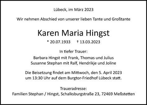 Traueranzeigen Von Karen Maria Hingst Trauer Anzeigen De