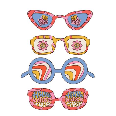 Groovy Sunglasses Set Collection Of Hippie Sunglasses In Trendy 70s Groovy Style Linear Hand