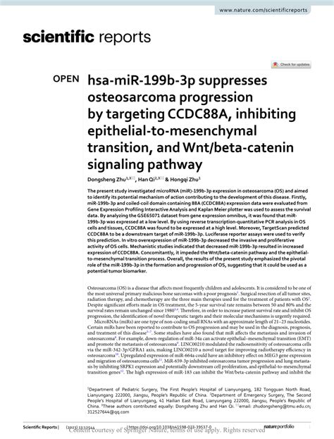 PDF Hsa MiR 199b 3p Suppresses Osteosarcoma Progression By Targeting