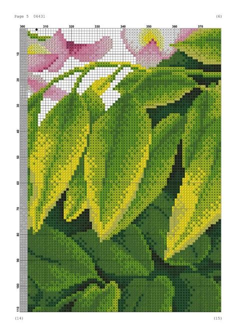 A Cross Stitch Pattern With Green Leaves And Pink Flowers On The Left