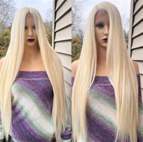 Daily WIG Long Straight Platinum BLONDE Human Hair Blend Lace Front Rotating Part Etsy