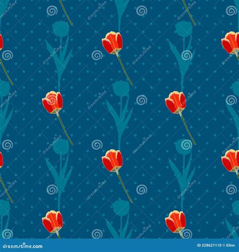 Vector Red Tulips And Silhouettes Seamless Pattern On Blue Background